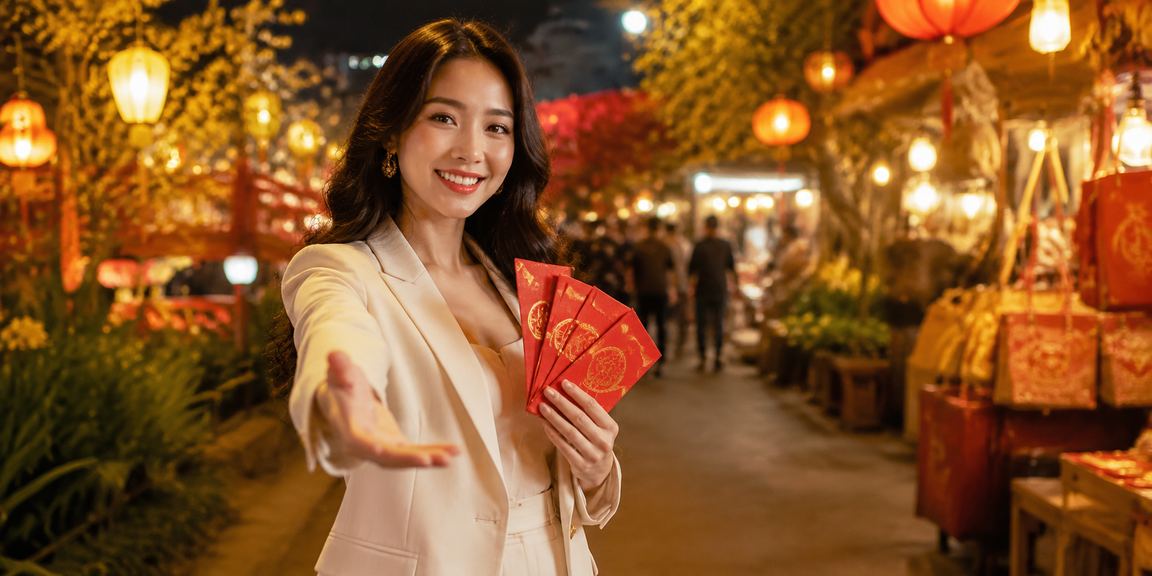 Bao lì xì đỏ may mắn tại chợ đêm Hà Nội – không khí nhận thưởng festive